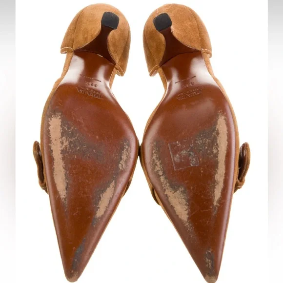 Prada Tan Suede Pointed-Toe D'Orsay Heels with Metal Buckle - Picture 5 of 5